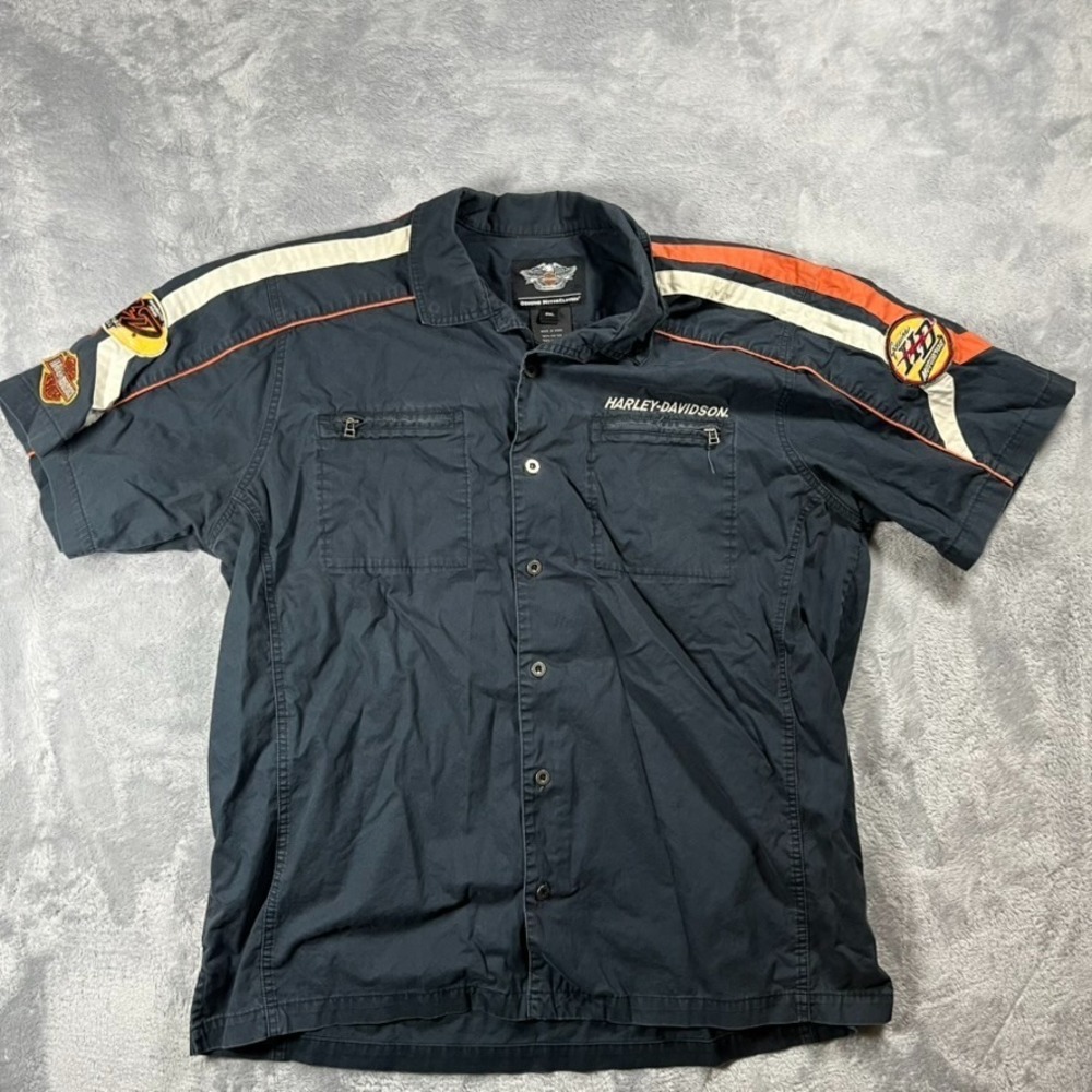 Harley Davidson Shirt Mens 2XL Black Canvas Workwear Patch Biker Button Up